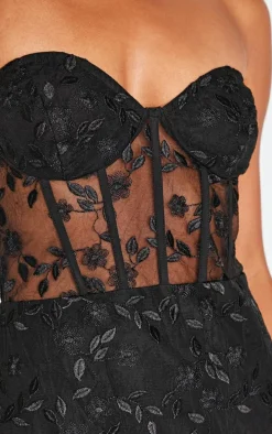 Black Floral Mesh Overlay Corset Mini Dress