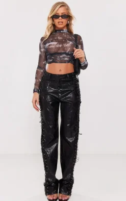 Black Floral Mesh Ruched Side Crop Top