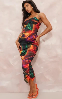 Black Floral Print Asymmetric Detail Ruched Midaxi Dress