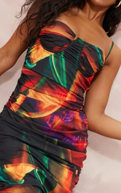 Black Floral Print Asymmetric Detail Ruched Midaxi Dress