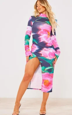 Black Floral Print Crepe High Neck Split Sleeved Midi Dress