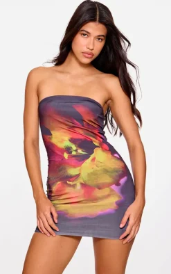 Black Floral Print Double Layer Slinky Bandeau Mini Dress