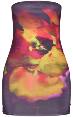 Black Floral Print Double Layer Slinky Bandeau Mini Dress