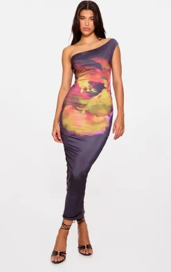 Black Floral Print Double Layer Slinky One Shoulder Maxi Dress