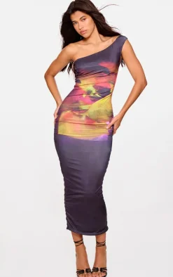 Black Floral Print Double Layer Slinky One Shoulder Maxi Dress