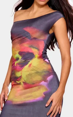 Black Floral Print Double Layer Slinky One Shoulder Maxi Dress