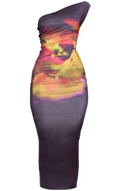 Black Floral Print Double Layer Slinky One Shoulder Maxi Dress