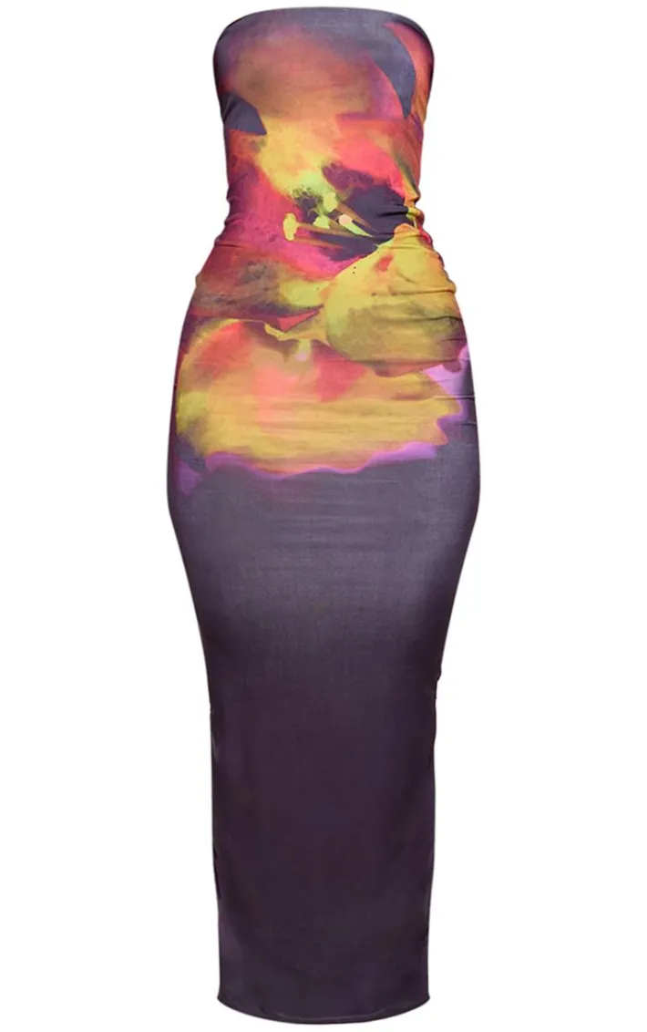 Black Floral Print Double Layer Slinky Bandeau Maxi Dress