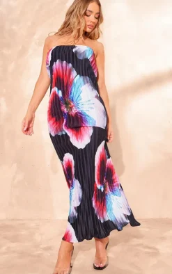 Black Floral Print Plisse Bandeau Midaxi Dress