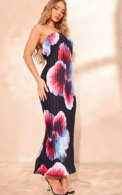 Black Floral Print Plisse Bandeau Midaxi Dress