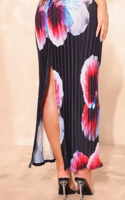 Black Floral Print Plisse Bandeau Midaxi Dress