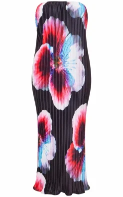 Black Floral Print Plisse Bandeau Midaxi Dress