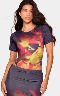 Black Floral Printed Keyhole Back Bodysuit