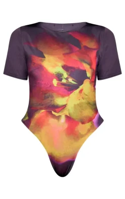 Black Floral Printed Keyhole Back Bodysuit