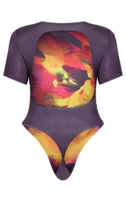 Black Floral Printed Keyhole Back Bodysuit