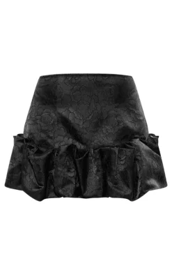 Black Floral Satin Puffball Hem Mini Skirt