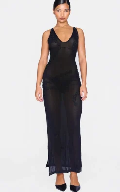 Black Flower Applique Sheer Maxi Dress