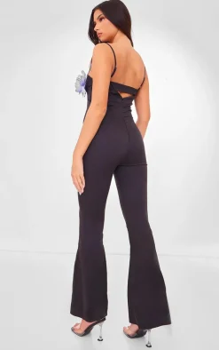 Black Flower Applique Woven Jumpsuit