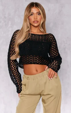 Black Flower Embossed Crochet Oversized Top