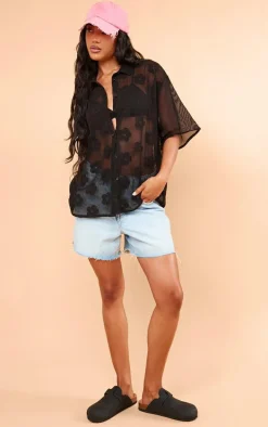 Black Flower Embroidered Oversized Fit Shirt