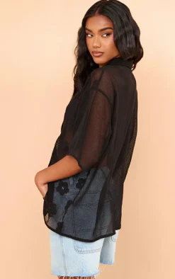 Black Flower Embroidered Oversized Fit Shirt