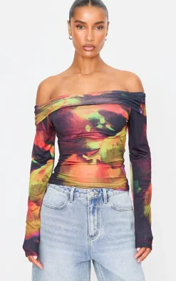 Black Flower Print Slinky Bardot Long Sleeve Long Top