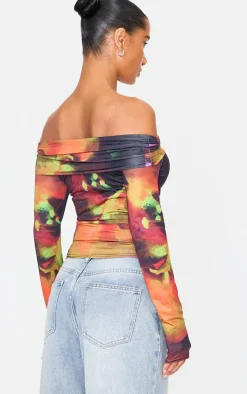 Black Flower Print Slinky Bardot Long Sleeve Long Top