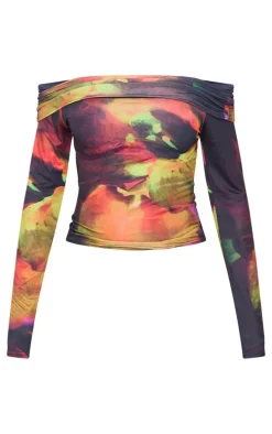 Black Flower Print Slinky Bardot Long Sleeve Long Top