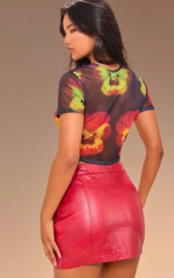 Black Flower Printed Mesh Fitted Crop T Shirt