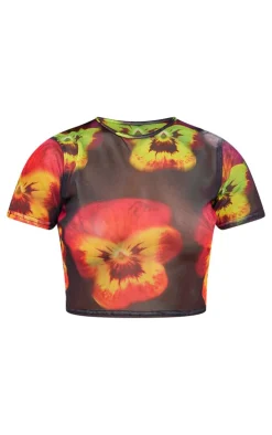 Black Flower Printed Mesh Fitted Crop T Shirt