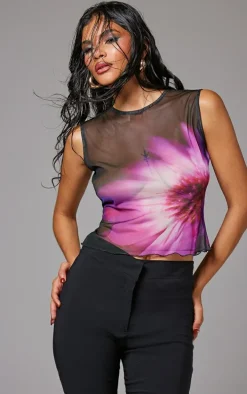 Black Flower Printed Mesh Long Top