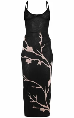 Black Flower Printed Mesh Strappy Midi Dress