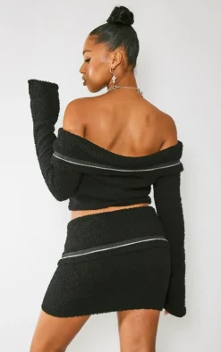 Black Fluffy Knit Fold Over Zipped Crop Jacket