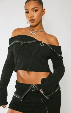Black Fluffy Knit Fold Over Zipped Crop Jacket