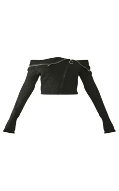 Black Fluffy Knit Fold Over Zipped Crop Jacket