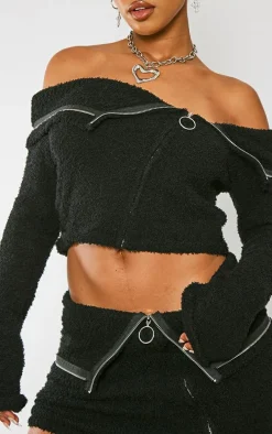 Black Fluffy Knit Fold Over Zipped Mini Skirt