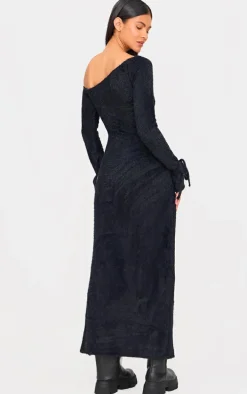 Black Fluffy One Shoulder Maxi Dress