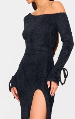 Black Fluffy One Shoulder Maxi Dress