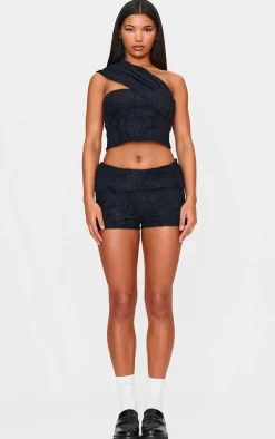 Black Fluffy Textured Fold Over Hot Pants
