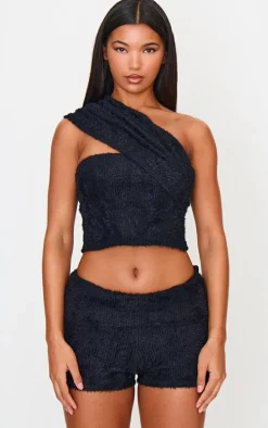 Black Fluffy Textured Fold Over Hot Pants