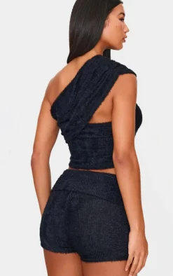 Black Fluffy Textured One Shoulder Top