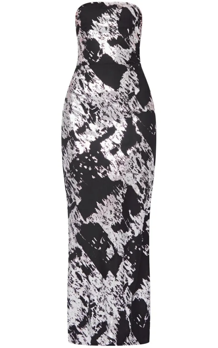Black Foil Print Bandeau Maxi Dress