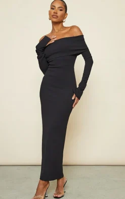 Black Fold Detail Ruched Sleeve Maxi Dress