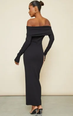 Black Fold Detail Ruched Sleeve Maxi Dress