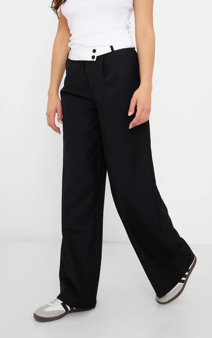 Black Fold Over Asymmetric Waistband Tailored Pants