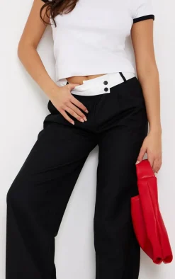 Black Fold Over Asymmetric Waistband Tailored Pants