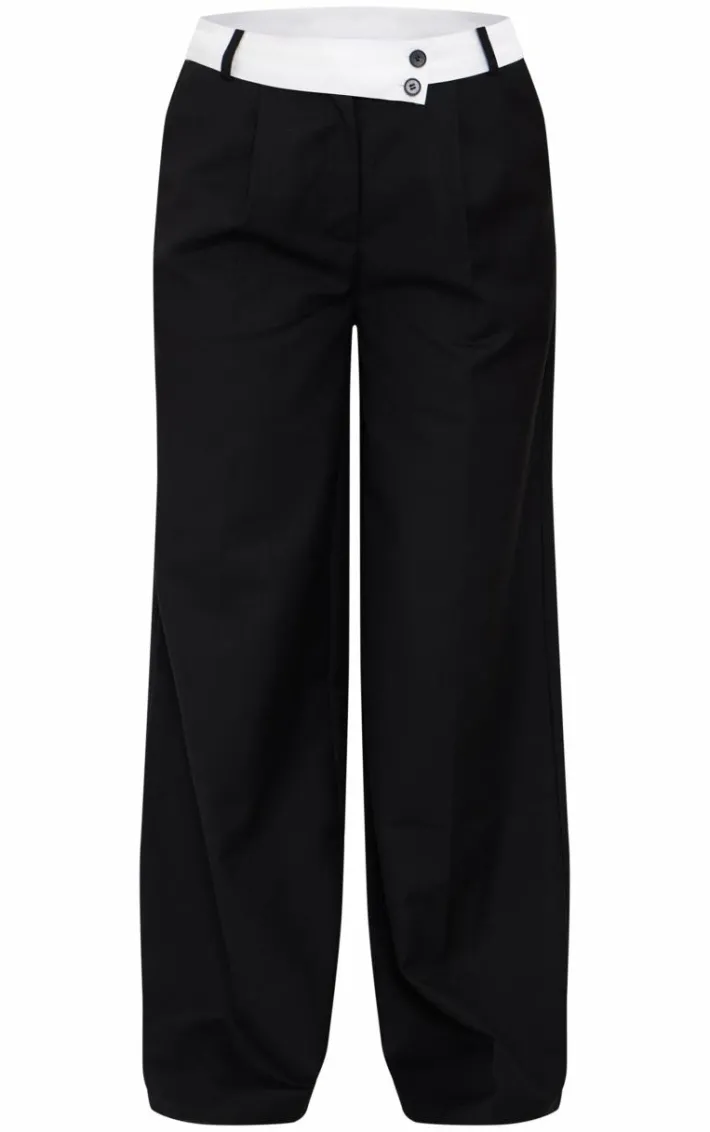 Black Fold Over Asymmetric Waistband Tailored Pants