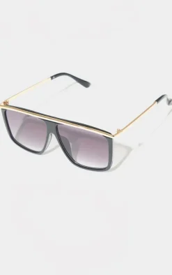 Black Frame Gold Bar Oversized Square Frame Sunglasses