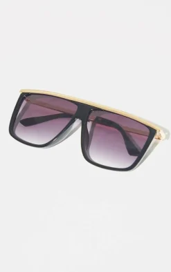 Black Frame Gold Bar Oversized Square Frame Sunglasses