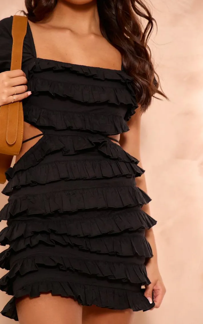 Black Frill Detail Cut Out Puff Sleeve Bodycon Dress